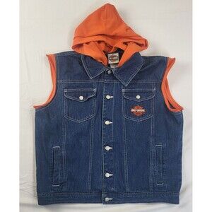 HARLEY DAVIDSON Womens Lg Denim Button Vest Hooded Removable Liner Blue/Orange